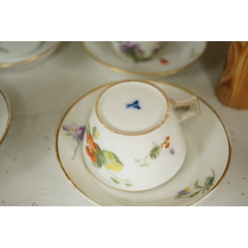 1297 - A collection of late Meissen tea and coffee wares to include fruit painted plates, cups and saucers ... 