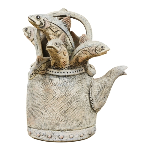 263 - A Blandine Anderson studio ceramic sculpture, fish in a kettle, 20cm