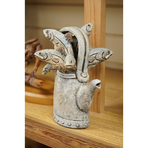263 - A Blandine Anderson studio ceramic sculpture, fish in a kettle, 20cm
