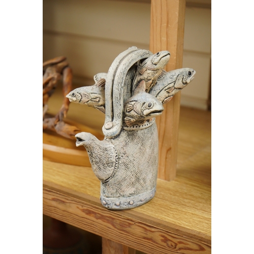 263 - A Blandine Anderson studio ceramic sculpture, fish in a kettle, 20cm