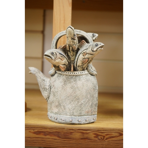 263 - A Blandine Anderson studio ceramic sculpture, fish in a kettle, 20cm