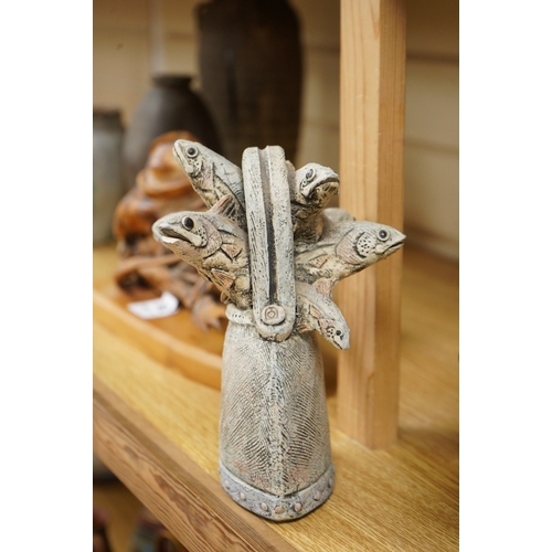 263 - A Blandine Anderson studio ceramic sculpture, fish in a kettle, 20cm