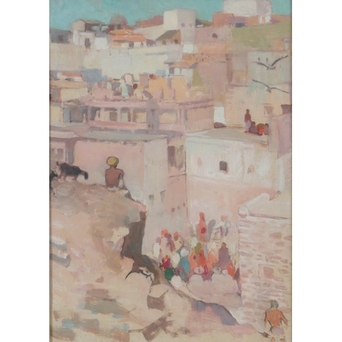 10 - Mabel Alington Royds  (1874-1941)'Rooftops, Benares'bustling Indian street scene,oil on canvas board... 