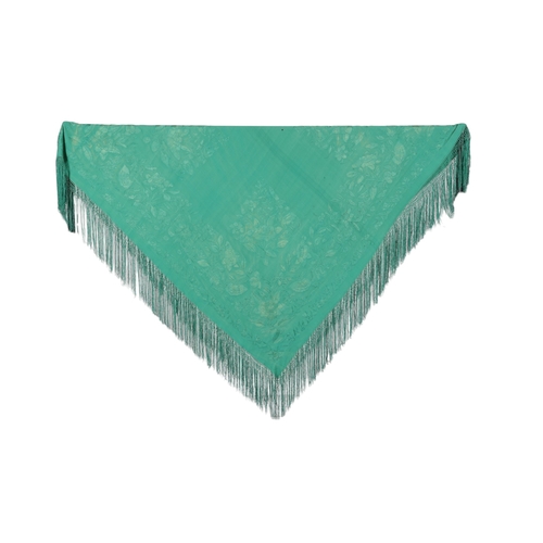 106 - Two large 19th century Chinese silk crepe shawls, one jade green with a jade green floral embroidere... 