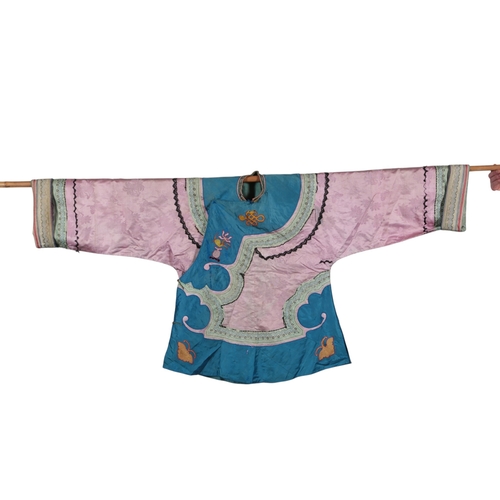 110 - An early 20th century Chinese lilac and turquoise silk damask jacket with a pair of pale turquoise s... 