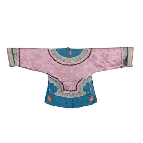 110 - An early 20th century Chinese lilac and turquoise silk damask jacket with a pair of pale turquoise s... 