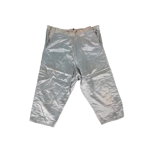 110 - An early 20th century Chinese lilac and turquoise silk damask jacket with a pair of pale turquoise s... 