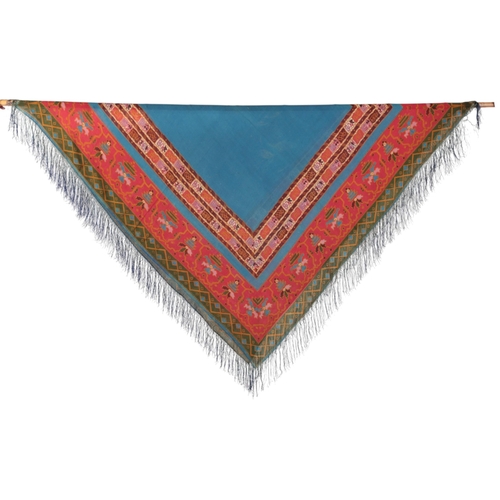 112 - An Indian 1930's ladies colourful and decorative hand printed silk crepe ladies shawl with silk frin... 