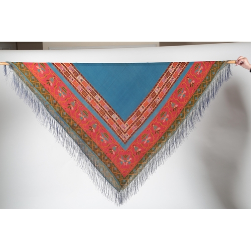 112 - An Indian 1930's ladies colourful and decorative hand printed silk crepe ladies shawl with silk frin... 