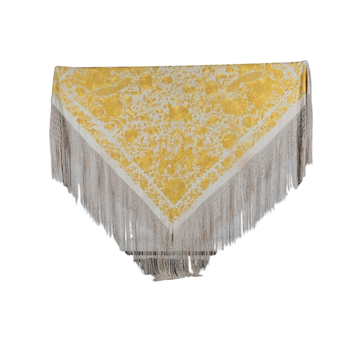 114 - A large Chinese 19th century gold silk embroidered cream shawl, two corners embroidered with large p... 