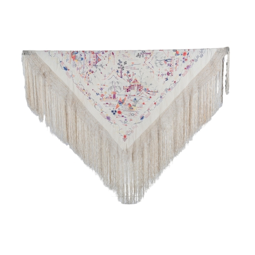 116 - A Chinese early 20th century cream silk, polychrome embroidered shawl. Embroidered with cherry bloss... 