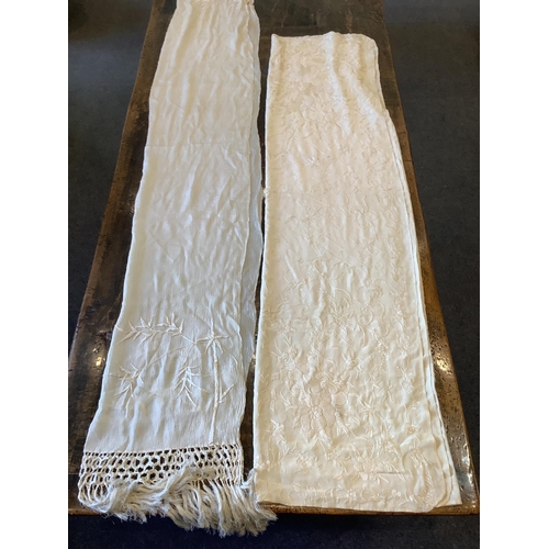 117 - An early 20th century Chinese cream on cream silk embroidered panel, 150cm x 154cm and a silk chiffo... 