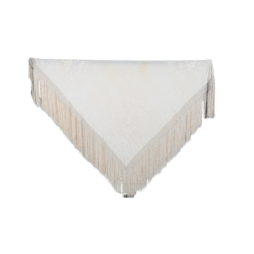 118 - A late 19th / early 20th century large Chinese cream silk floral embroidered shawl with silk fringin... 
