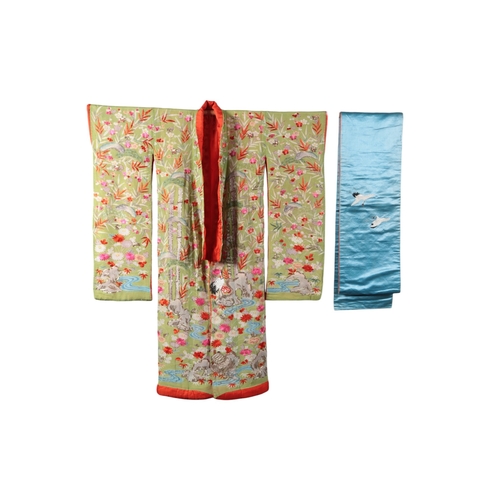 120 - A Japanese 1930's printed crepe de chine ladies wedding kimono with red brocade satin Obi blue lined... 