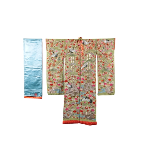 120 - A Japanese 1930's printed crepe de chine ladies wedding kimono with red brocade satin Obi blue lined... 