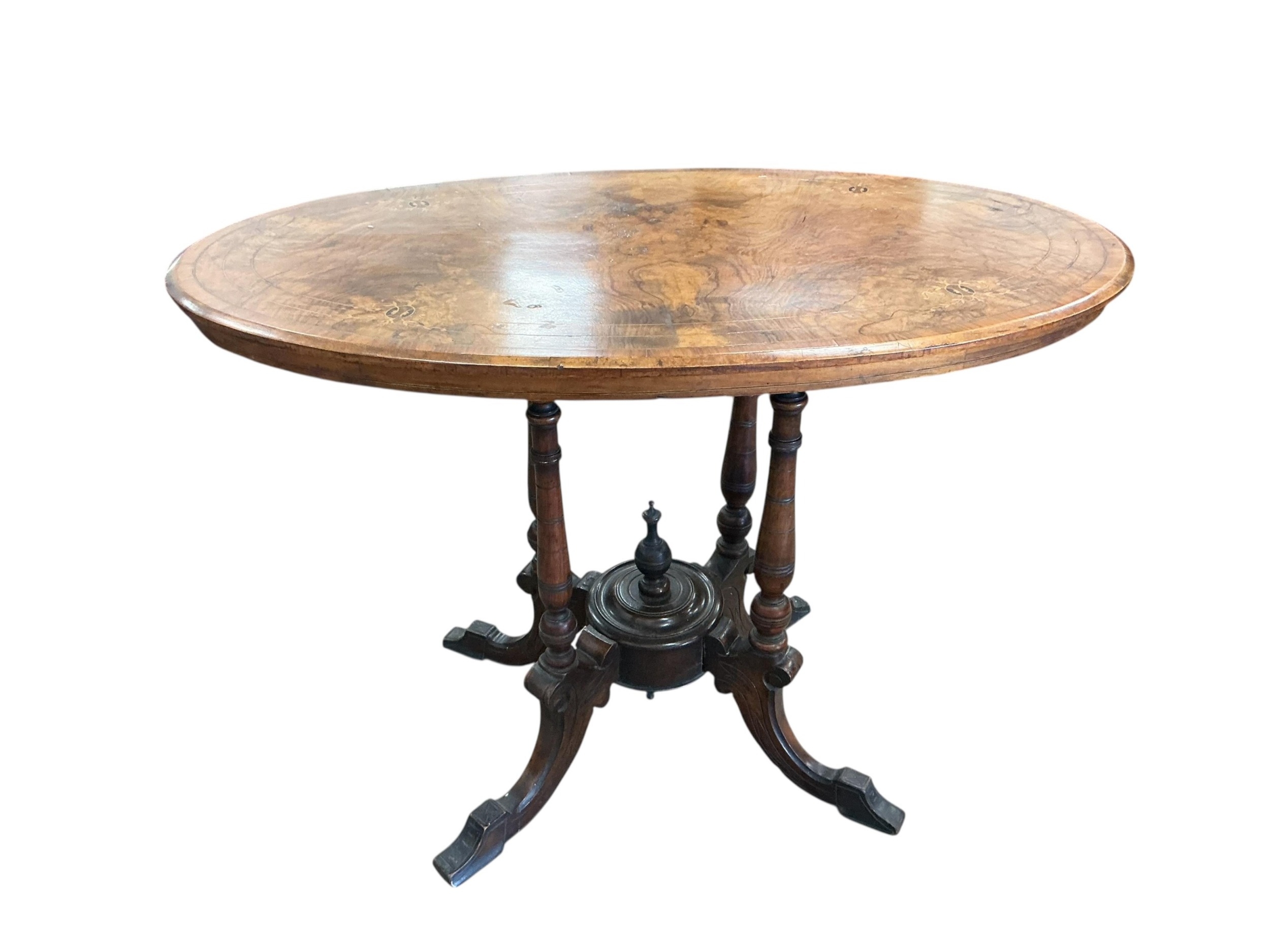 A Victorian oval inlaid walnut centre table, width 100cm, depth 60cm ...