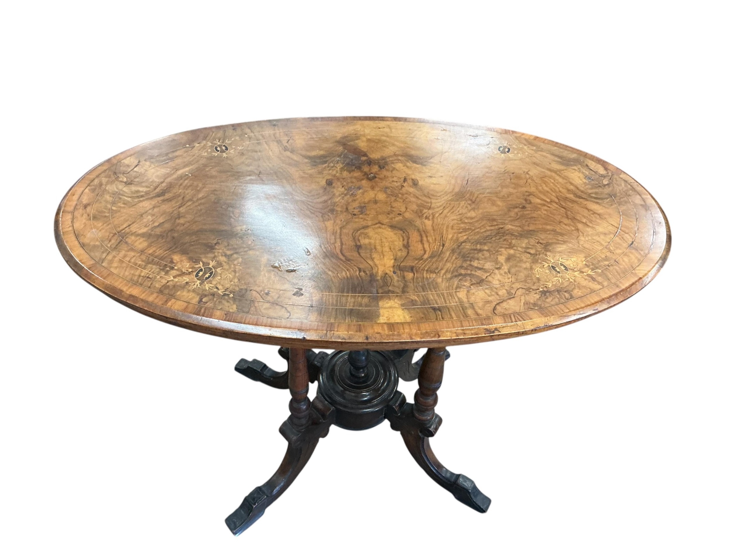 A Victorian oval inlaid walnut centre table, width 100cm, depth 60cm ...