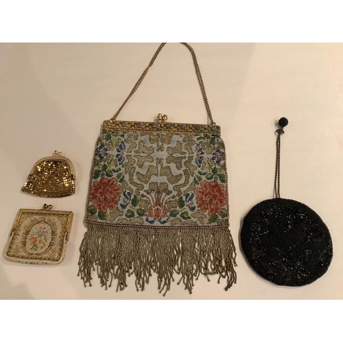 64 - A late 19th century micro steel beaded evening bag and three purses, the bag with beaded fringe, gil... 