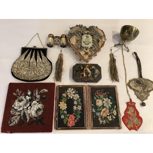66 - Assorted 19th century beadwork, wool work and later miscellaneous items, including; a heart shaped s... 