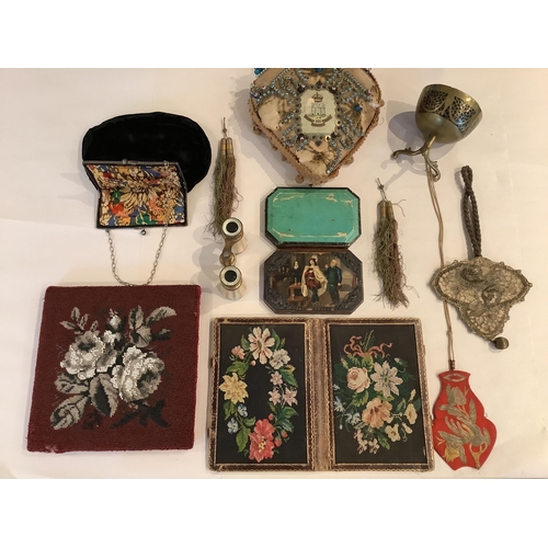 66 - Assorted 19th century beadwork, wool work and later miscellaneous items, including; a heart shaped s... 