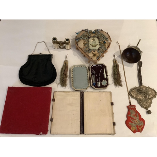 66 - Assorted 19th century beadwork, wool work and later miscellaneous items, including; a heart shaped s... 