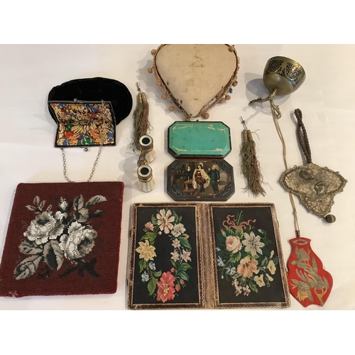 66 - Assorted 19th century beadwork, wool work and later miscellaneous items, including; a heart shaped s... 