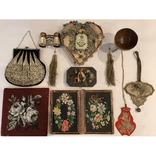66 - Assorted 19th century beadwork, wool work and later miscellaneous items, including; a heart shaped s... 
