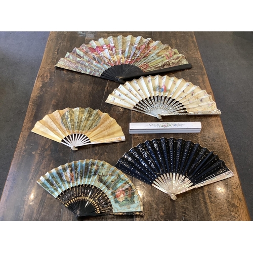 68 - A mother of pearl and sequin fan, another with painted figural leaf in a E T Piver, Paris box, a Caf... 