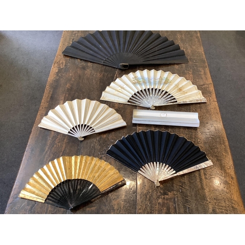 68 - A mother of pearl and sequin fan, another with painted figural leaf in a E T Piver, Paris box, a Caf... 