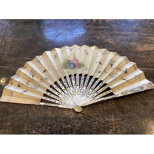 68 - A mother of pearl and sequin fan, another with painted figural leaf in a E T Piver, Paris box, a Caf... 