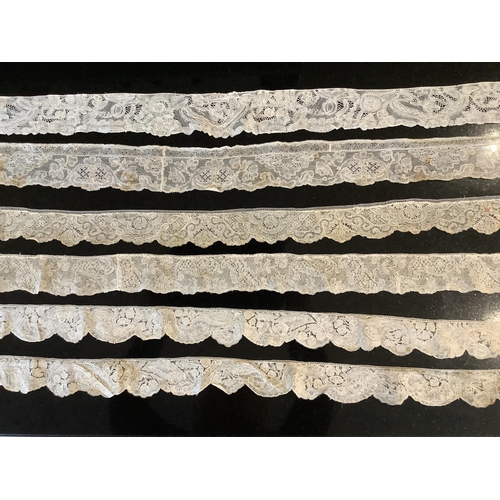 69 - For lace collectors; a collection of six mixed 18th century Flemish  lengths of fine ornate bobbin l... 