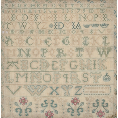 74 - A fine early George III alphabet sampler, by Margaret Duff dated 1766. Worked on fine linen, in orna... 
