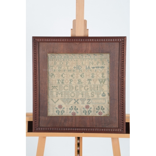 74 - A fine early George III alphabet sampler, by Margaret Duff dated 1766. Worked on fine linen, in orna... 