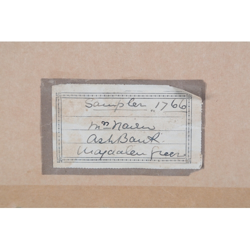 74 - A fine early George III alphabet sampler, by Margaret Duff dated 1766. Worked on fine linen, in orna... 