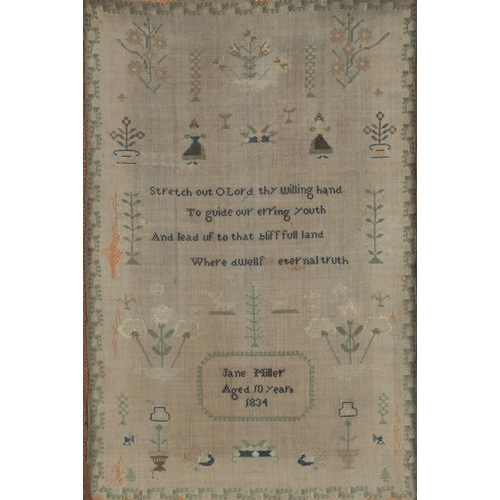 75 - A William IV embroidered sampler by Jane Miller, age 10 years, dated 1834. Worked on a fine linen gr... 
