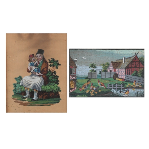 77 - Two 19th century framed Danish colourfully embroidered beadwork pictures. One of a farmyard scene wi... 