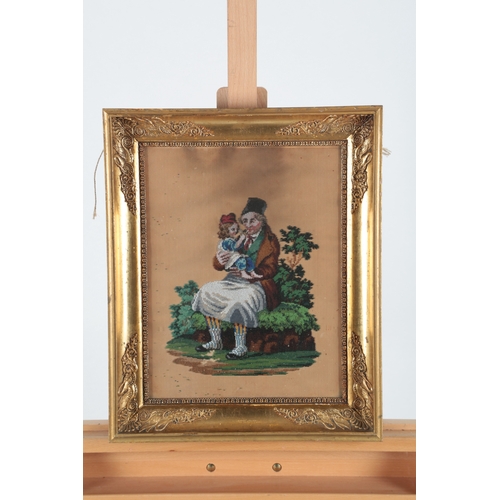 77 - Two 19th century framed Danish colourfully embroidered beadwork pictures. One of a farmyard scene wi... 