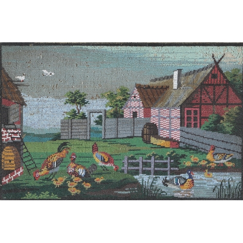 77 - Two 19th century framed Danish colourfully embroidered beadwork pictures. One of a farmyard scene wi... 