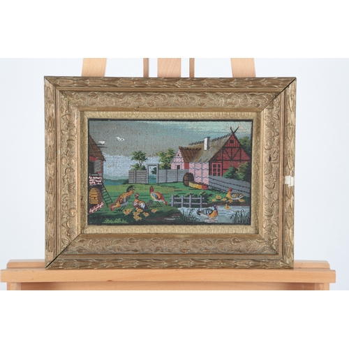77 - Two 19th century framed Danish colourfully embroidered beadwork pictures. One of a farmyard scene wi... 