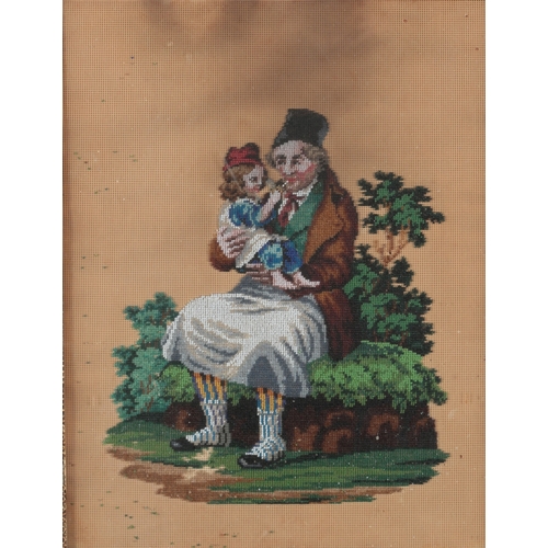 77 - Two 19th century framed Danish colourfully embroidered beadwork pictures. One of a farmyard scene wi... 