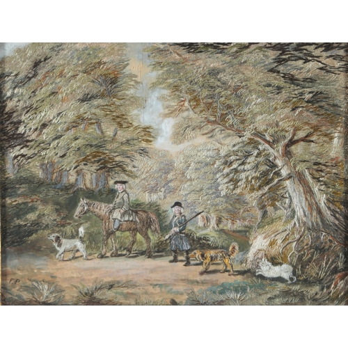78 - A maple framed early 19th century silk worked embroidery hunting scene, of  two gentlemen, one on ho... 