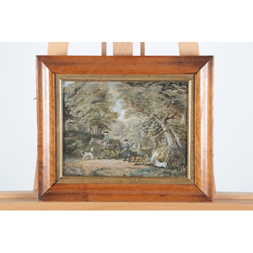 78 - A maple framed early 19th century silk worked embroidery hunting scene, of  two gentlemen, one on ho... 