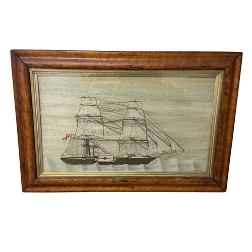 80 - A 19th century 'folk art' sailors woolwork embroidery or 'woolie' of a fully rigged British steam as... 