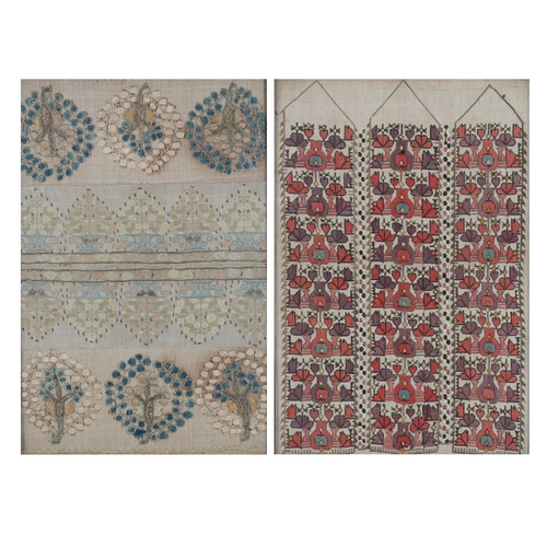 81 - Two framed 19th century Turkish framed embroideries, one of two sets of Turkish embroidered towels e... 