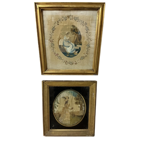 82 - Two George III framed silk female figural pastoral embroideries. One embroidered with a seated lady ... 