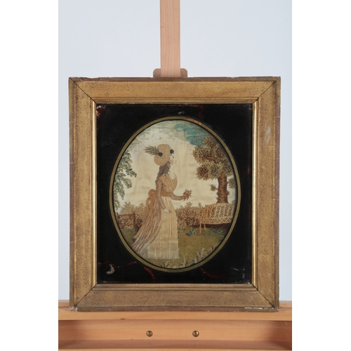 82 - Two George III framed silk female figural pastoral embroideries. One embroidered with a seated lady ... 