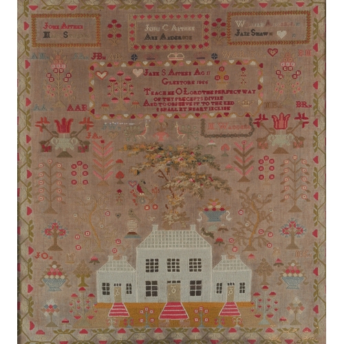 85 - A 19th century maple framed sampler by Jane S Aitken, dated 1856, embroidered with religious verse a... 
