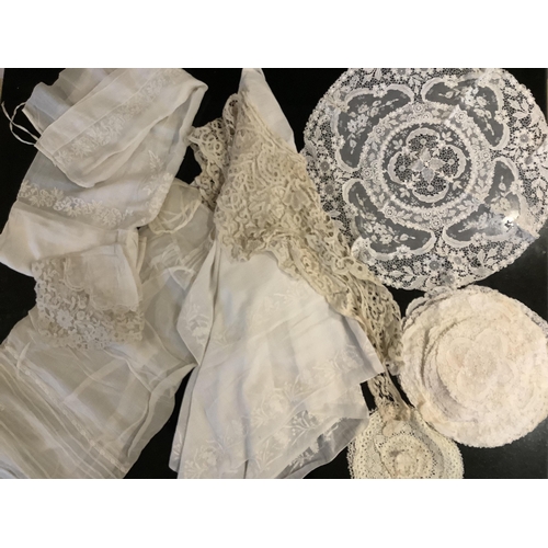 90 - 19th century lace etc; including a Brussels hand made lace wedding hankie, a white worked fine linen... 