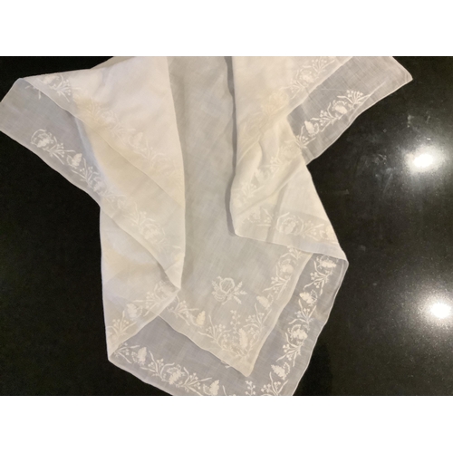 90 - 19th century lace etc; including a Brussels hand made lace wedding hankie, a white worked fine linen... 