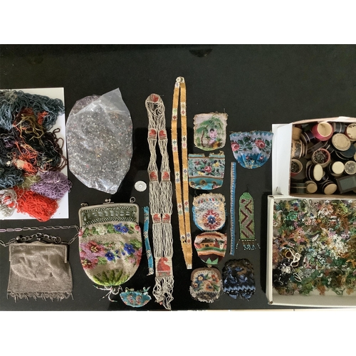 91 - A fine chain mail evening bag, a collection of early 19th century hand beaded purses, a similar bag ... 